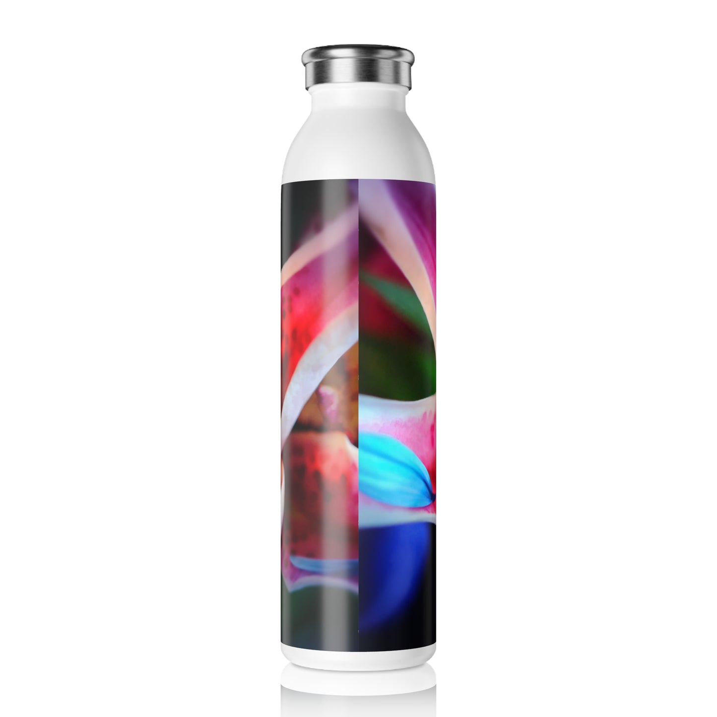 Blue Petals on a Pink and White Lily Slim Water Bottle, Stylish Hydration for Fitness, Eco-Friendly Drinkware, Gift for Nature Lovers, Travel Companion