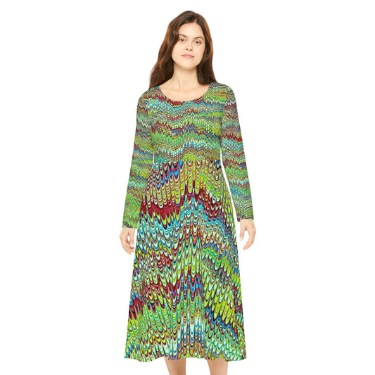 Green Marbling AOP Women's Dance Dress - Colorful Long Sleeve Dress for Parties, Events, Celebrations, Casual Outings, Dance Classes