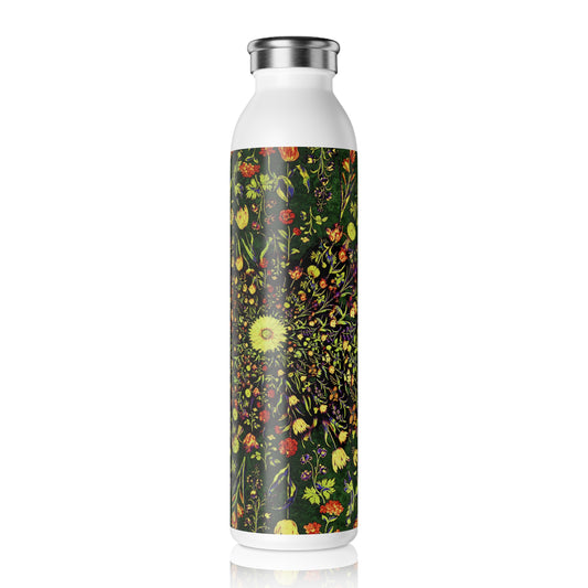 Medieval Flowers on Green Pattern Slim Water Bottle, Eco-Friendly Drinkware, Reusable Gym Bottle, Stylish Travel Mug, Gift for Her, Nature Lover