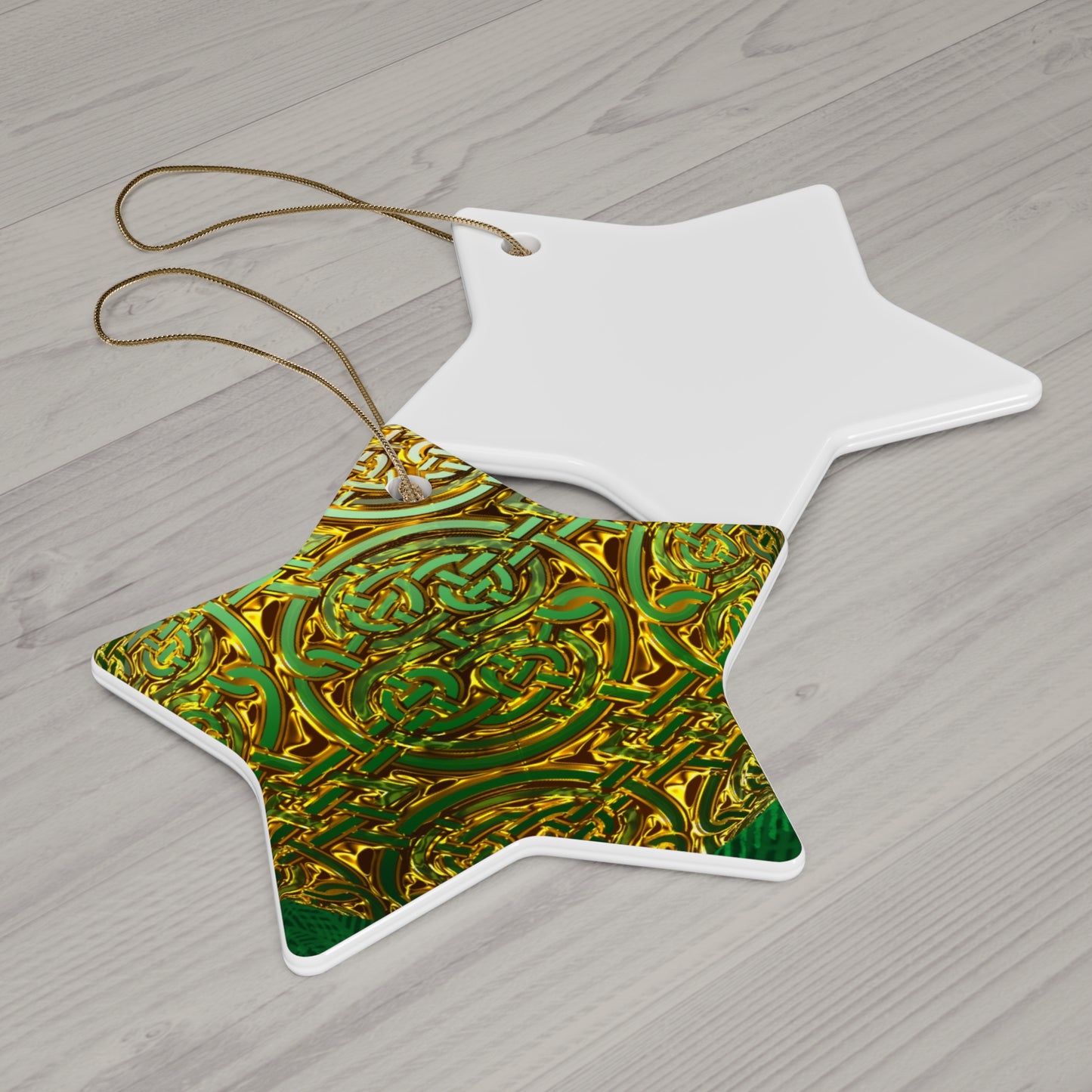Celtic Green Gold Ceramic Star Ornament — Intricate Knotwork Holiday Decoration