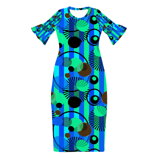 Blue Green Stripes and Dots Custom Lotus Leaf Short Sleeve Long Dress Women's Summer Fashion Dress