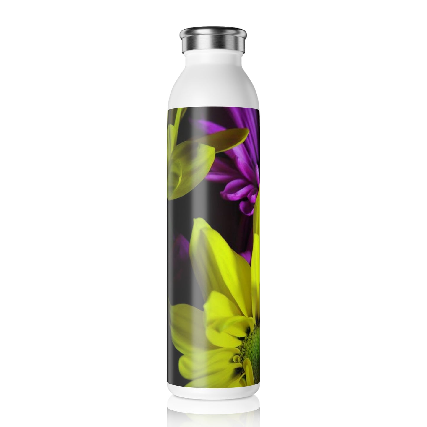 Slim Water Bottle — Bright Yellow & Purple Floral Stainless Steel Bottle