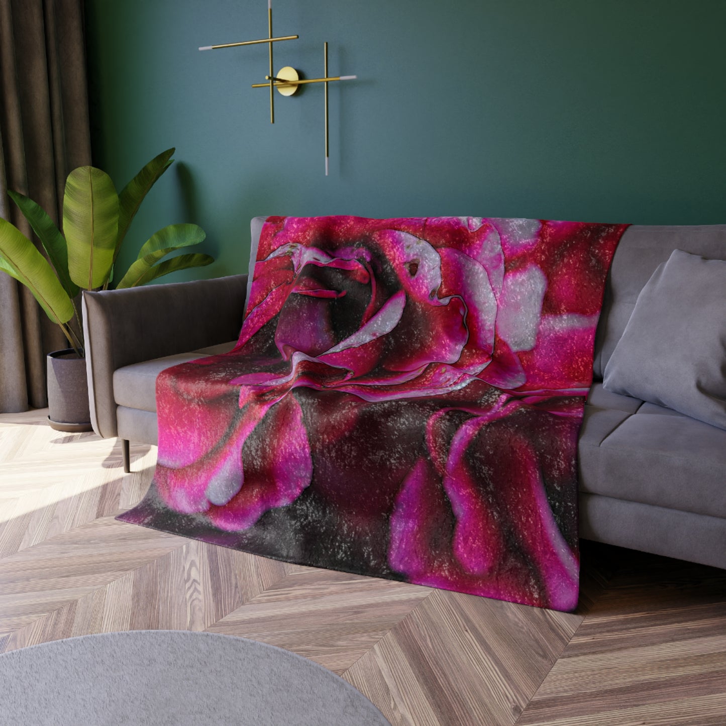 Dark Pink Flowers Crushed Velvet Blanket
