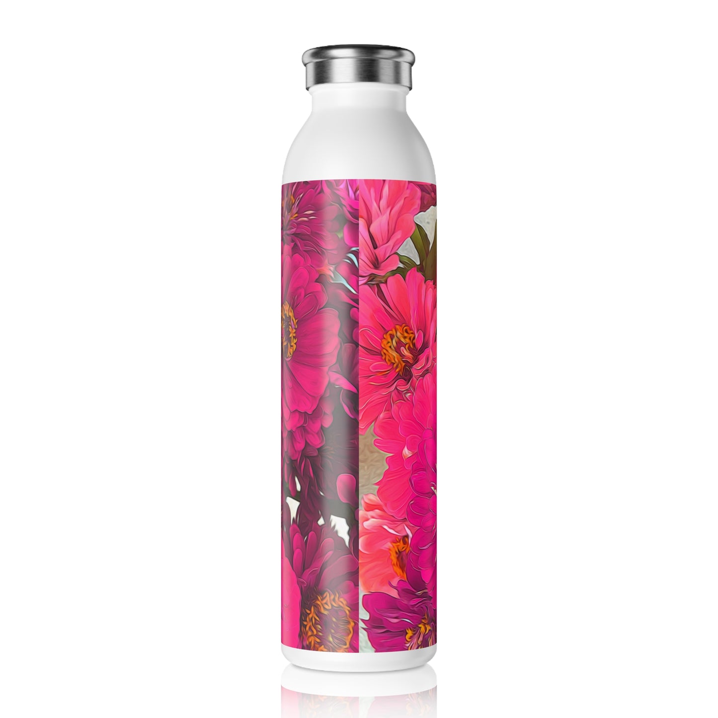 Slim Water Bottle — Bright Pink Zinnia Floral Stainless Steel Bottle