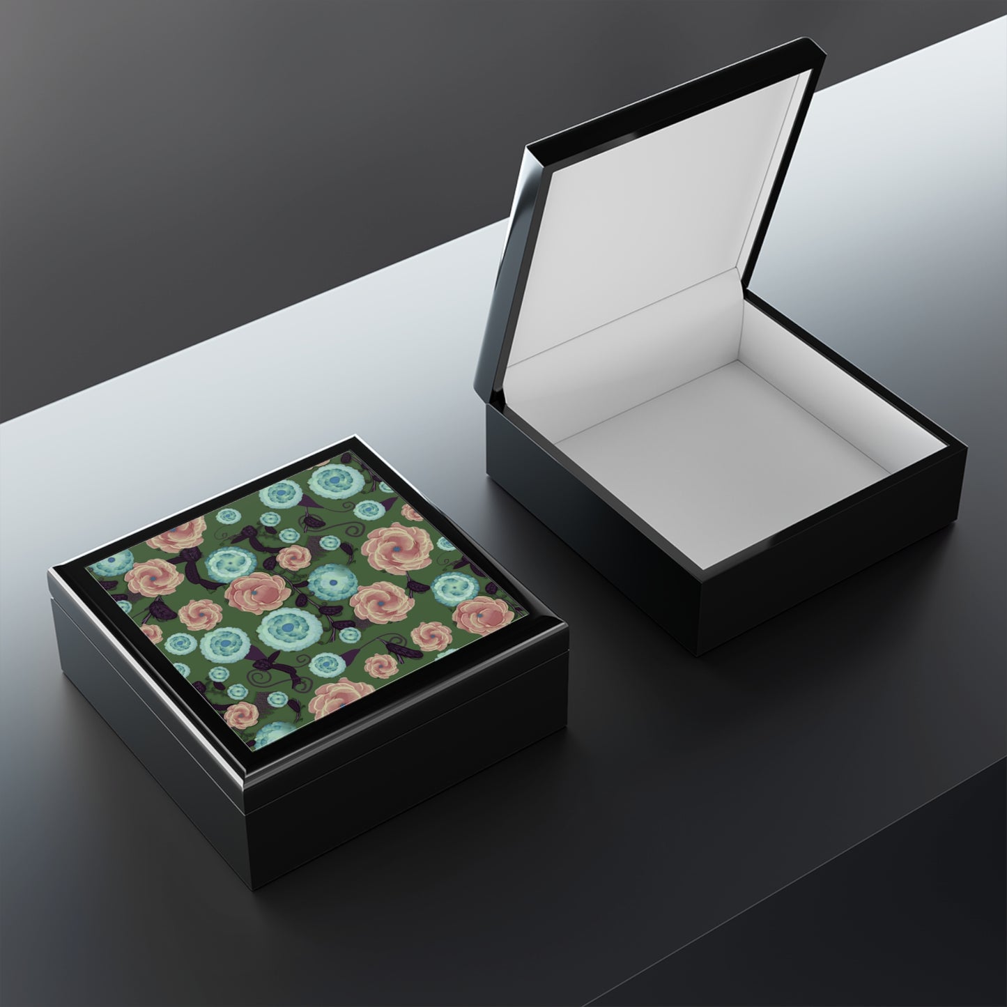 Earthy Peach and Turquoise Flower Pattern Jewelry Box