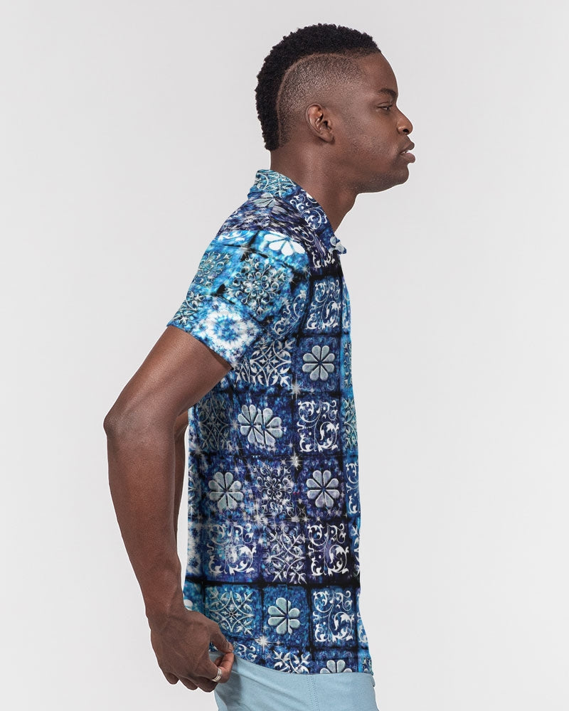 Blue Ice Crystals Motif Men's All-Over Print Slim Fit Short Sleeve Polo