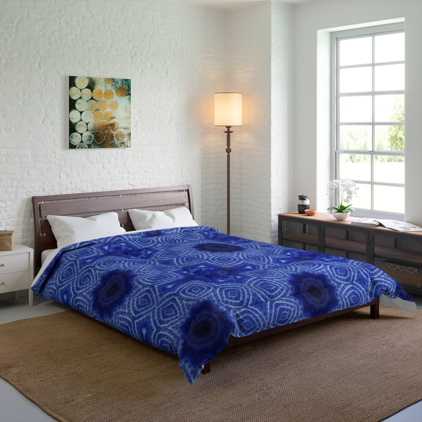 Blue Kaleidoscope Comforter - Geometric Floral Pattern Bedding
