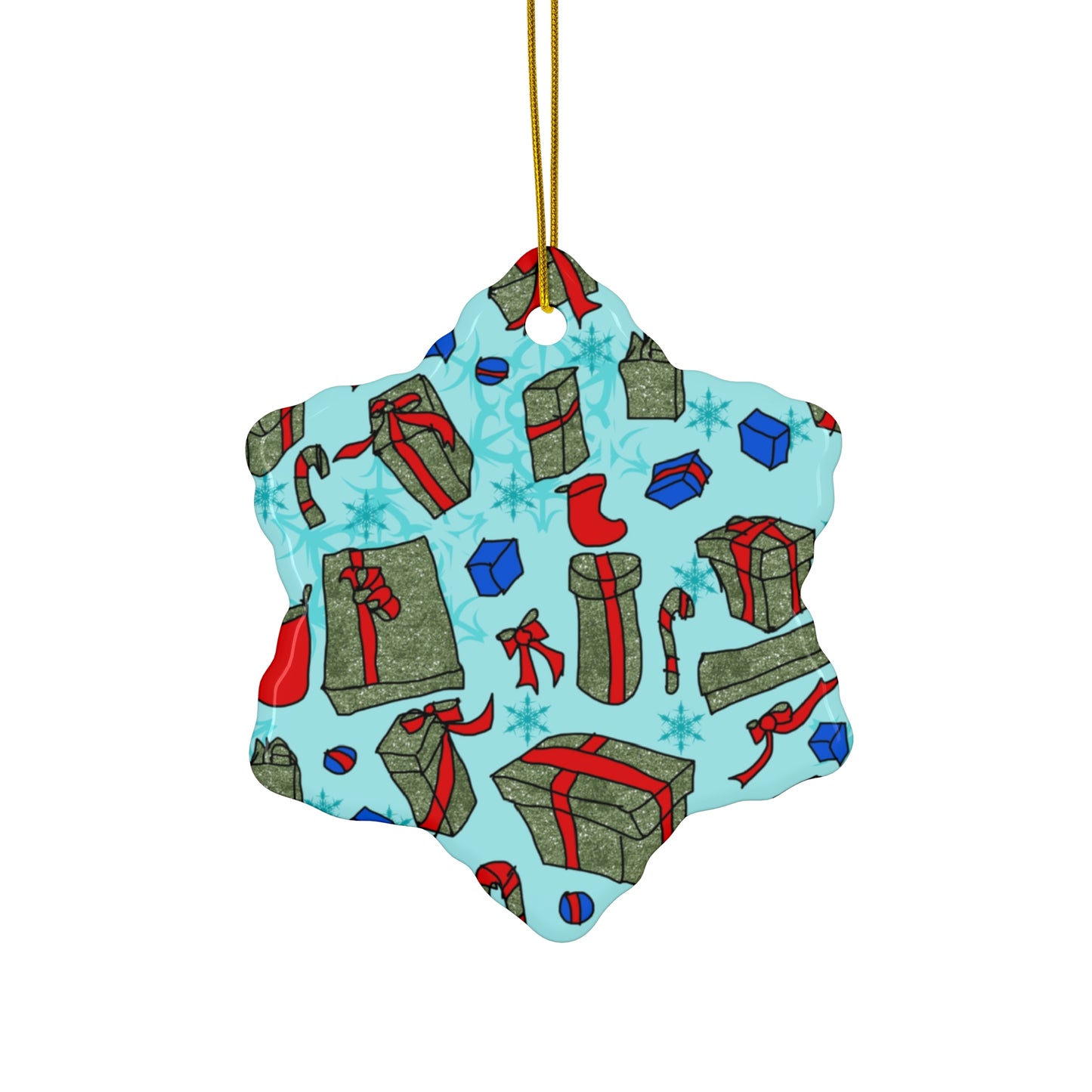 Christmas Gift Pattern Ceramic Ornament — Star Shape Holiday Tree Decoration