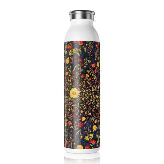 Medieval Flowers on Blue Slim Water Bottle - Eco-Friendly Hydration, Reusable Drink Container, Gardening Gift, Yoga Companion, Nature Lover's Bottle