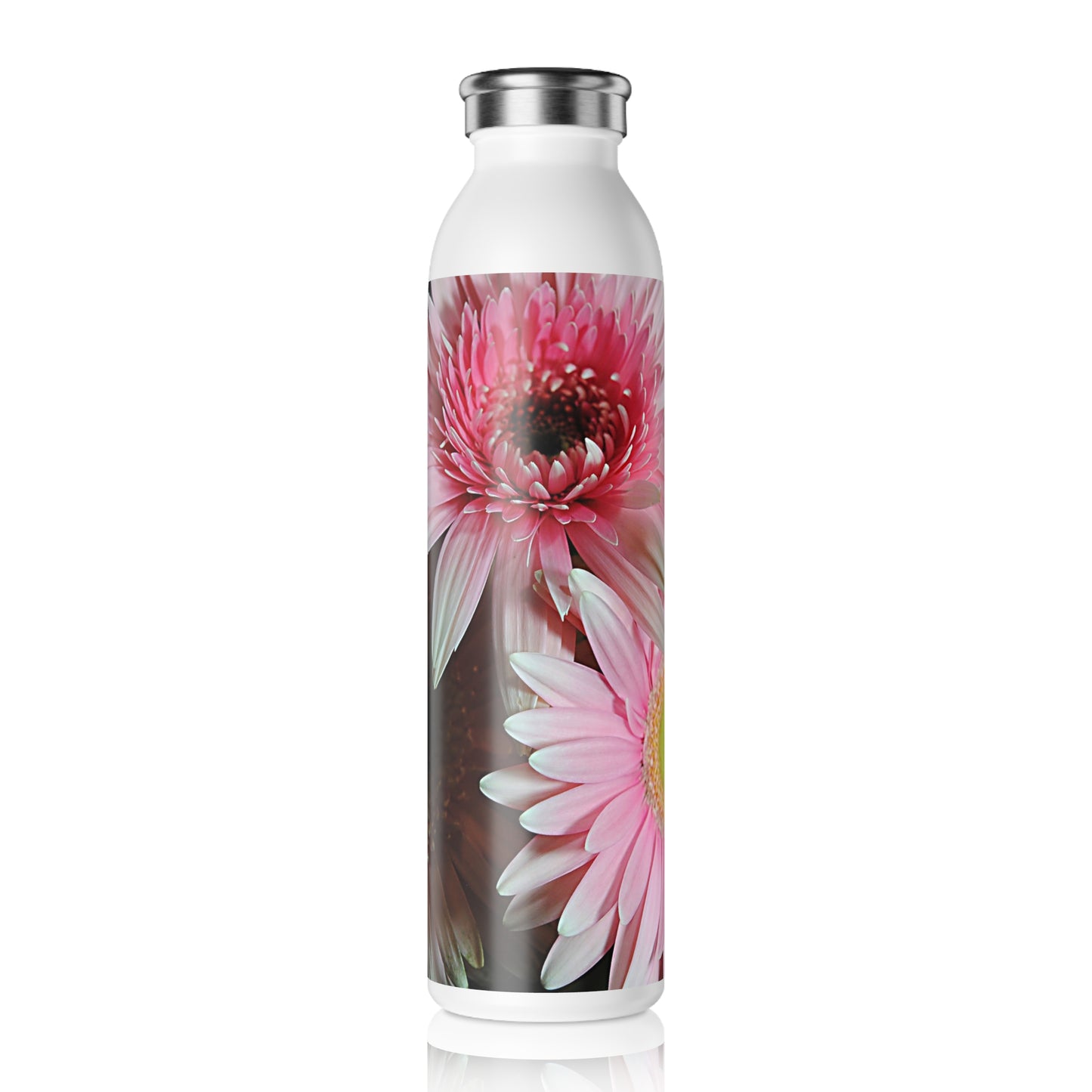 Pink Gerbera Daisies Floral Slim Water Bottle — Insulated Stainless Steel Travel Bottle