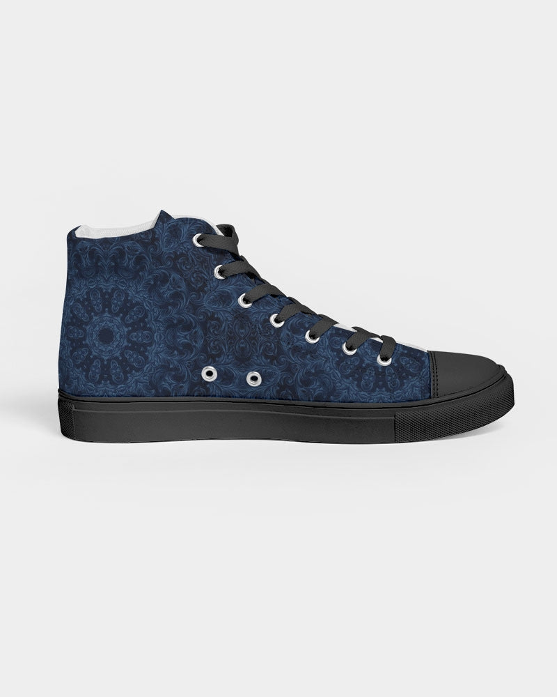 Blue Faux Velvet Kaleidoscope Women's Hightop Canvas Shoe - Black