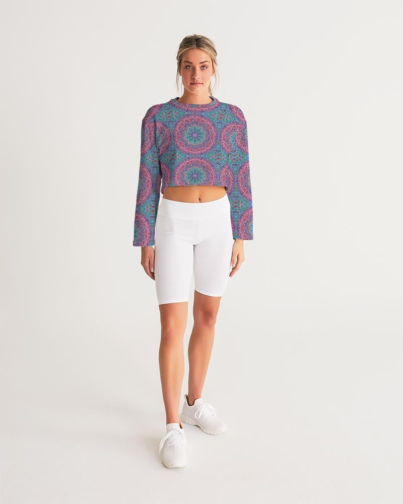 Blue Red Snowflake Kaleidoscope Women's All-Over Print Cropped Sweatshirt