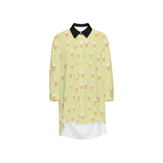 Ice Cream Cone Women's High-Low Long-Sleeve Hem Shirt Silky-like Elegance