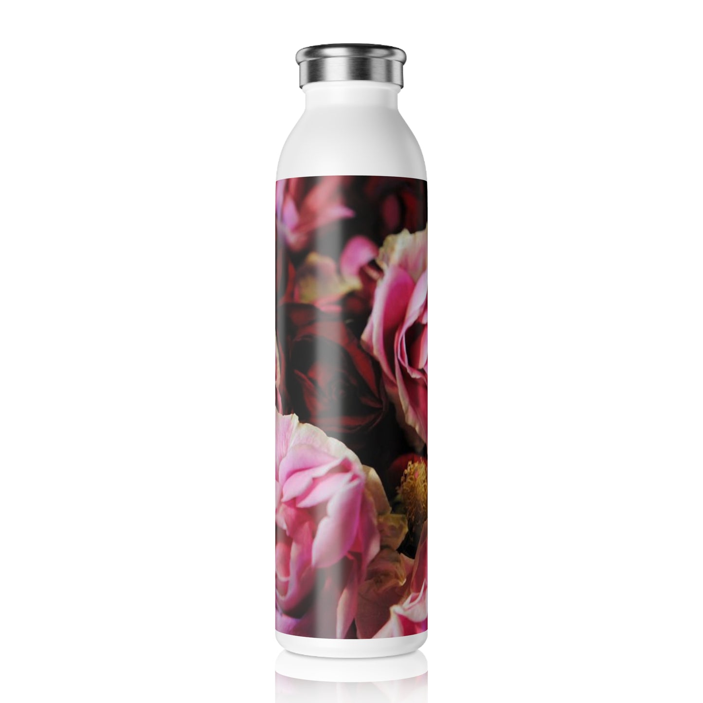 Pink and Red Rose Heads Slim Water Bottle - Elegant Hydration, Gift for Garden Lovers, Eco-Friendly Drinkware, Fitness, Travel, Party Favors