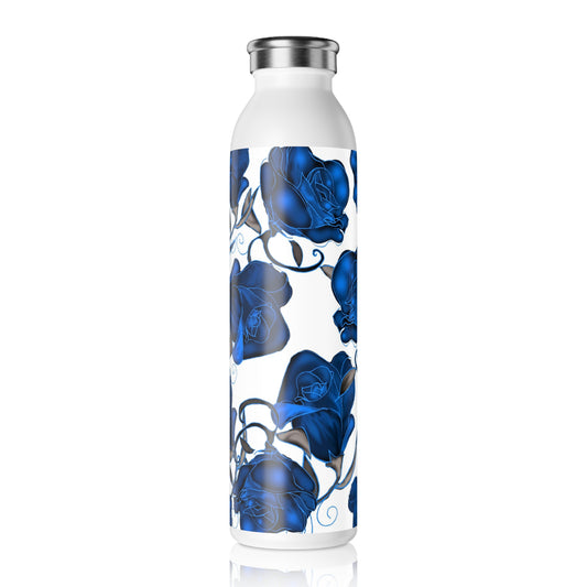 Blue Roses Slim Water Bottle, Stylish Stainless Steel Hydration, Rose Design Gift, Eco-Friendly Travel Flask, Blue Flower Tumbler