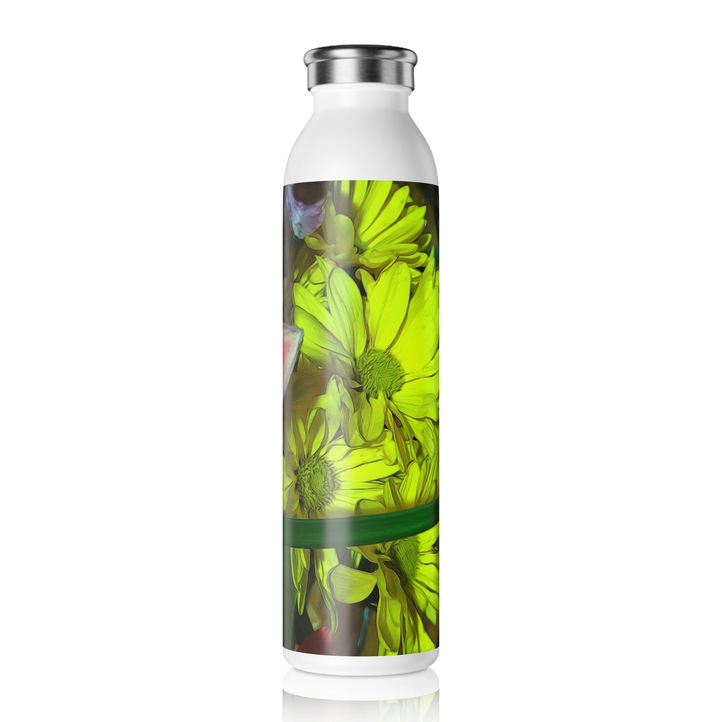 Floral Lily Slim Water Bottle — Pink & Yellow Botanical Insulated Bottle
