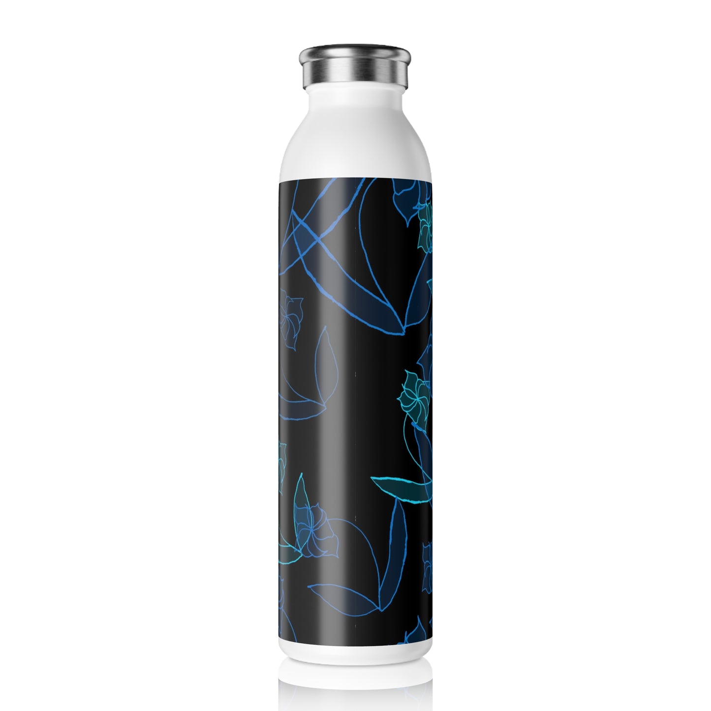 Blue Lillies on Black Slim Water Bottle Eco-Friendly Hydration Bottle, Stylish Fitness Flask, Gift for Nature Lovers, Floral Art [...]