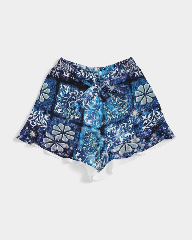 Blue Ice Crystals Motif Women's All-Over Print Ruffle Shorts