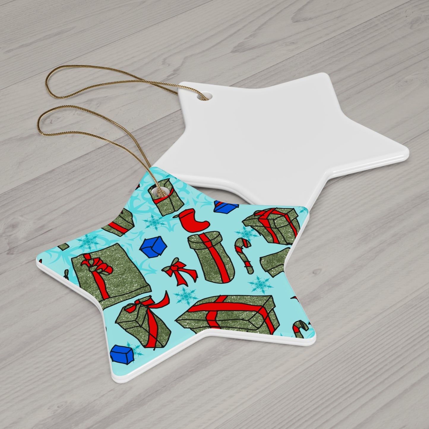 Christmas Gift Pattern Ceramic Ornament — Star Shape Holiday Tree Decoration