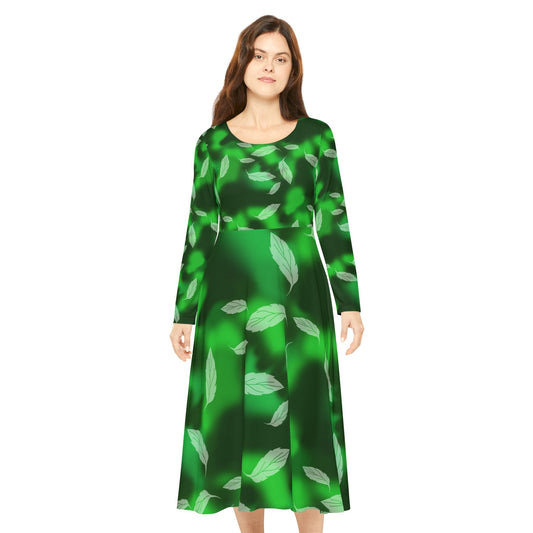 Women's Long Sleeve Dance Dress, Elegant Green Leaf Print, Perfect for Parties, Dance Recitals, Fall Celebrations, Eco-Friendly Fashion