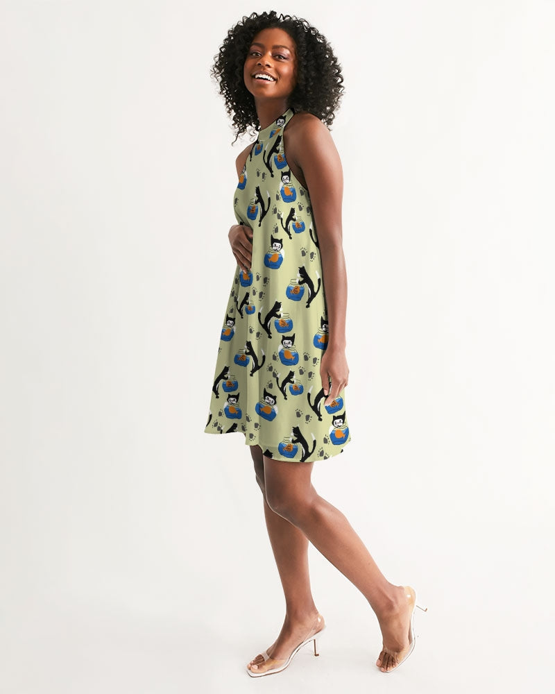 Cat and a Fishbowl Women's All-Over Print Halter Dress