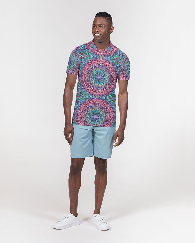 Blue Red Snowflake Kaleidoscope Men's All-Over Print Slim Fit Short Sleeve Polo