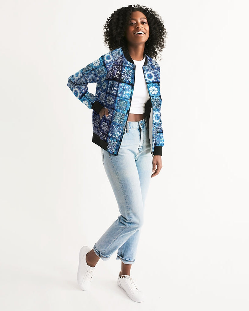 Blue Ice Crystals Motif Women's All-Over Print Bomber Jacket