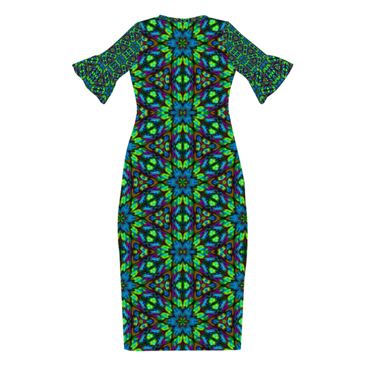 Blue Green Kaleidoscope Custom Lotus Leaf Short Sleeve Long Dress Women's Summer Fashion Dress