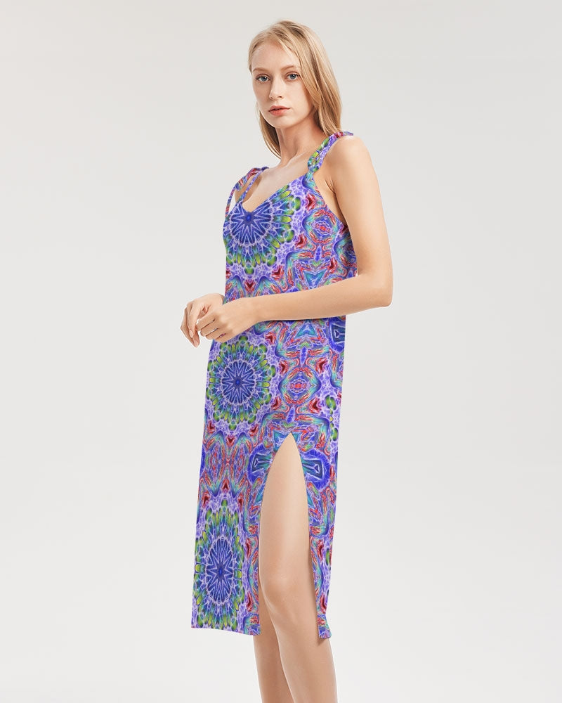Blue Red Kaleidoscope Women's All-Over Print Tie Strap Split Dress