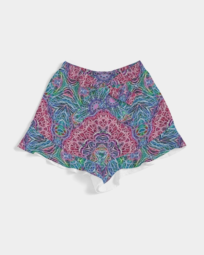 Blue Red Snowflake Kaleidoscope Women's All-Over Print Ruffle Shorts