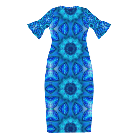 Blue Ocean Kaleidoscope Custom Lotus Leaf Short Sleeve Long Dress Women's Summer Fashion Dress