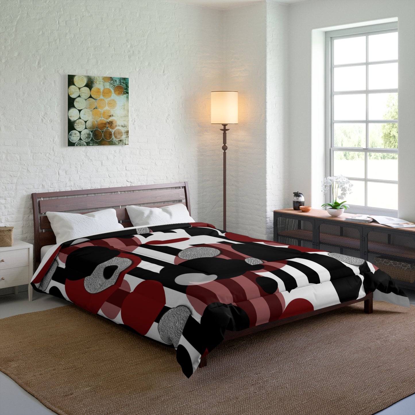Comforter — Modern Abstract Circles & Stripes Comforter (Red, Black, Gray)