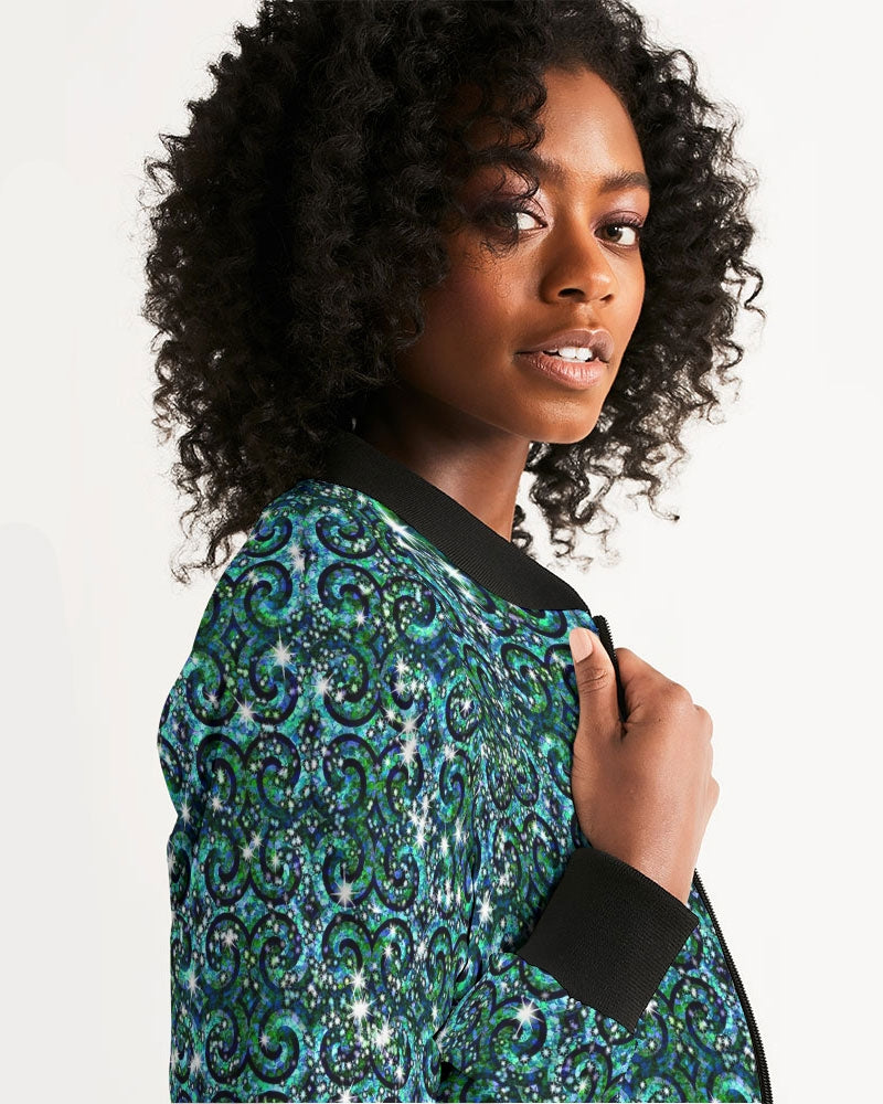 Blue Ice Sparkle Swirl Women's All-Over Print Bomber Jacket