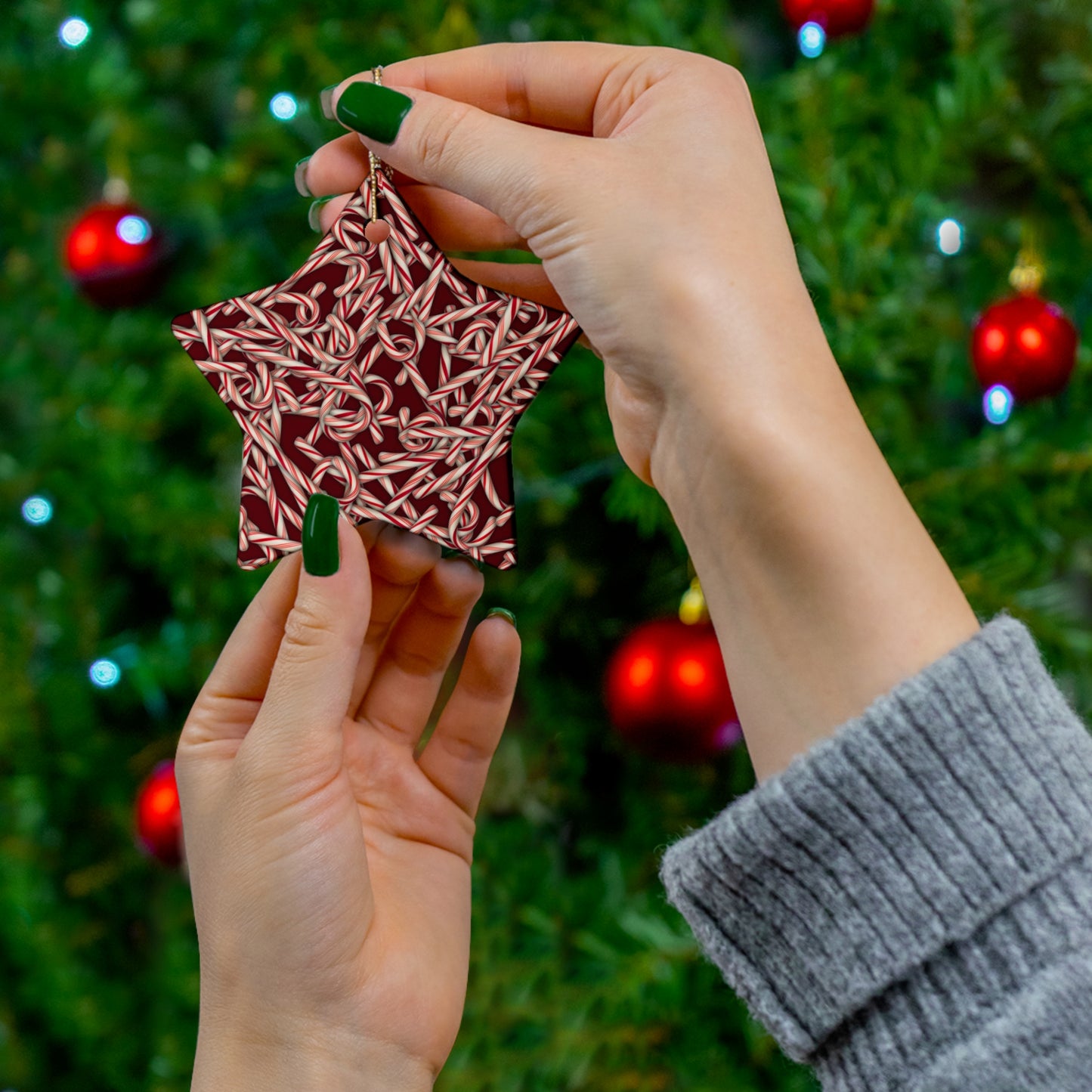 Candy Cane Pattern Ceramic Star Ornament — Holiday Christmas Tree Decoration