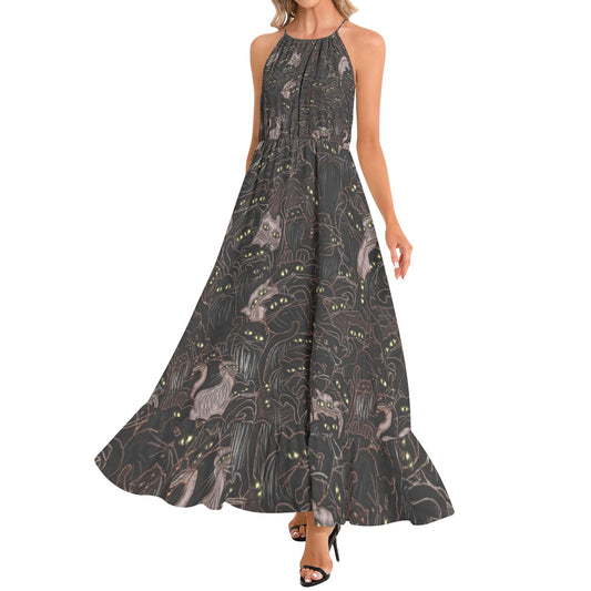 Black Cats Pattern Ruffle Hem Halter Neck Maxi Dress
