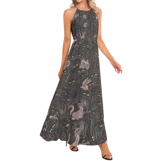 Black Cats Pattern Ruffle Hem Halter Neck Maxi Dress