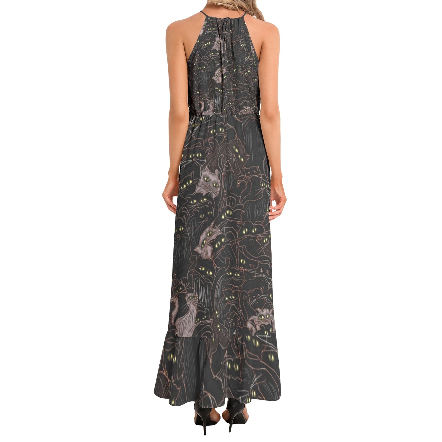Black Cats Pattern Ruffle Hem Halter Neck Maxi Dress
