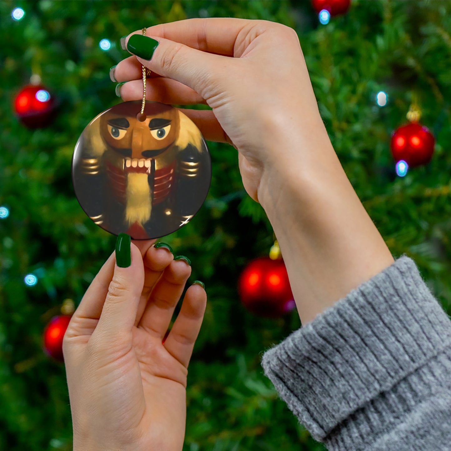 Nutcracker Ceramic Ornament — Round Holiday Tree Decoration