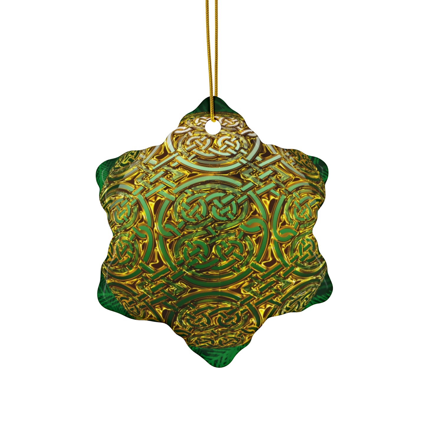 Celtic Green Gold Ceramic Star Ornament — Intricate Knotwork Holiday Decoration