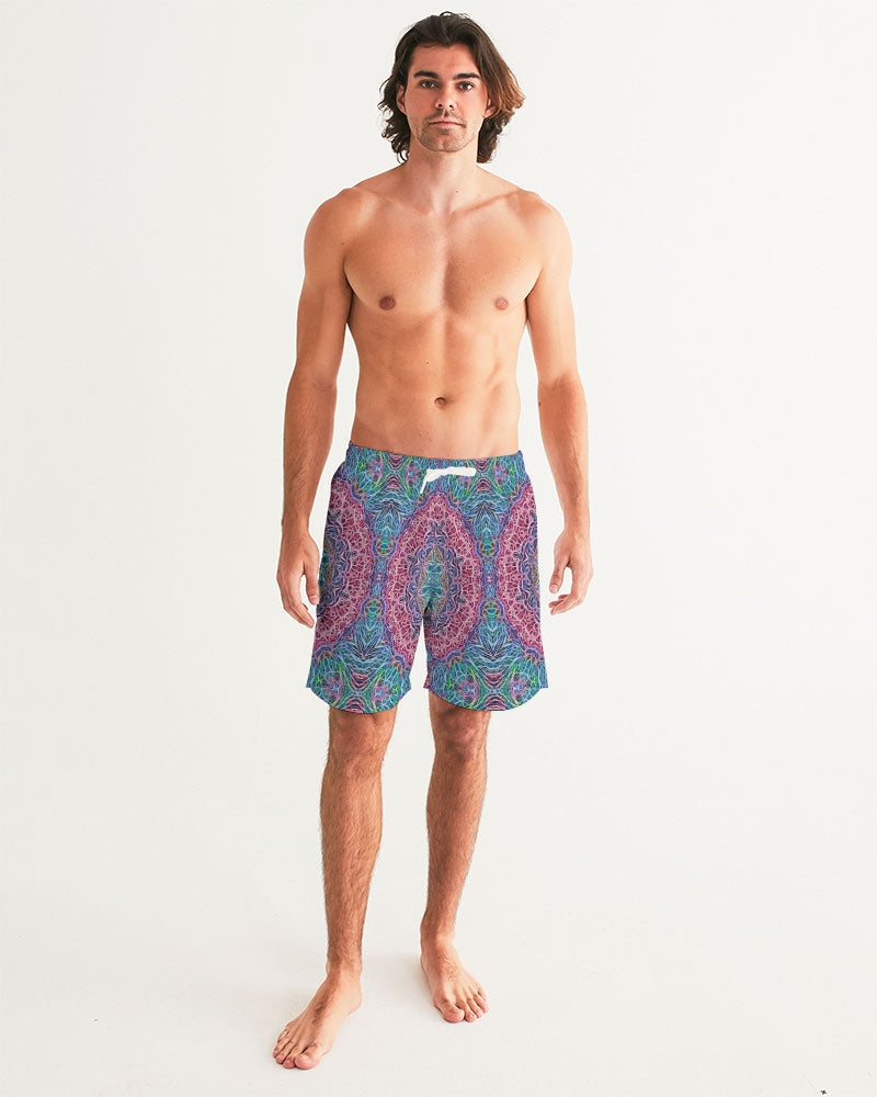 Blue Red Snowflake Kaleidoscope Men's All-Over Print Swim Trunk
