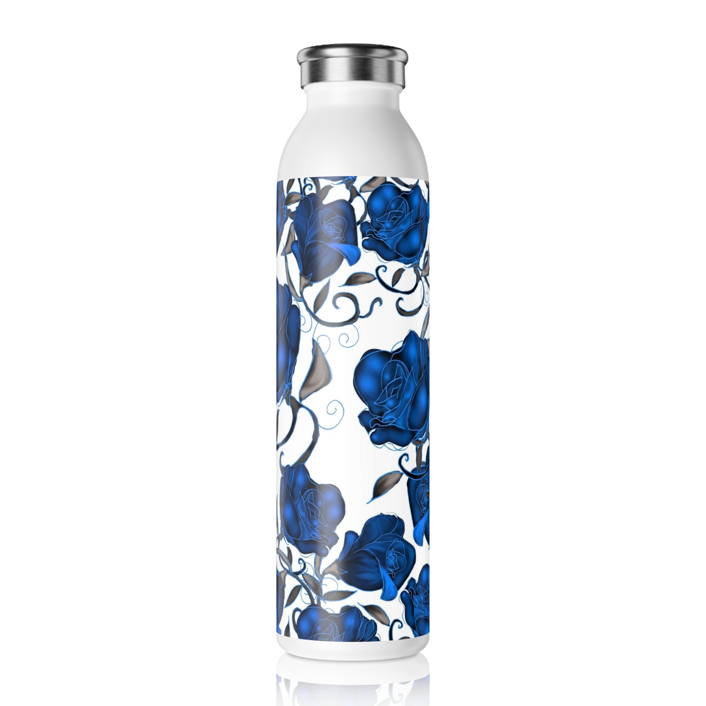 Blue Roses Slim Water Bottle, Stylish Stainless Steel Hydration, Rose Design Gift, Eco-Friendly Travel Flask, Blue Flower Tumbler