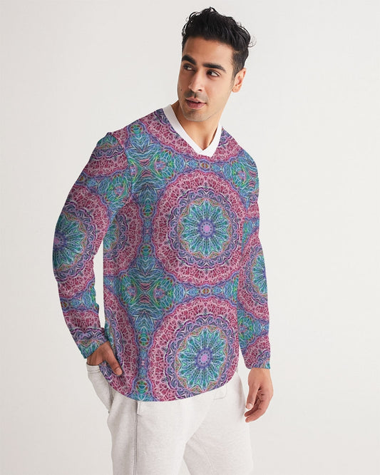 Blue Red Snowflake Kaleidoscope Men's All-Over Print Long Sleeve Sports Jersey