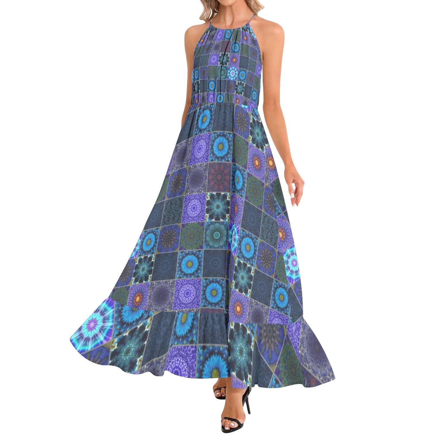 Blue Crazy Quilt Ruffle Hem Halter Neck Maxi Dress