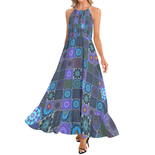 Blue Crazy Quilt Ruffle Hem Halter Neck Maxi Dress