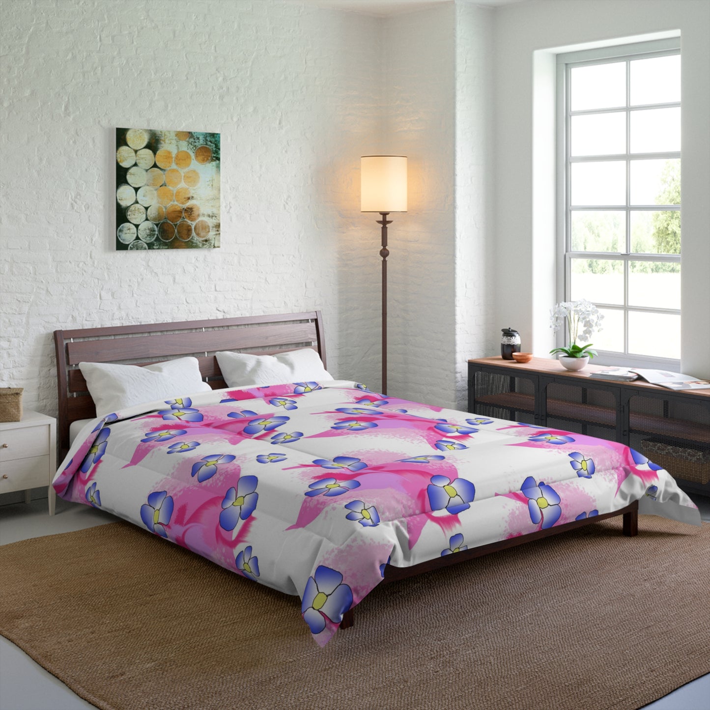 Pink Watercolor Floral Comforter — Pansy Bloom Bedding for Girls & Teens