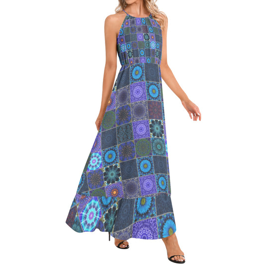 Blue Crazy Quilt Ruffle Hem Halter Neck Maxi Dress