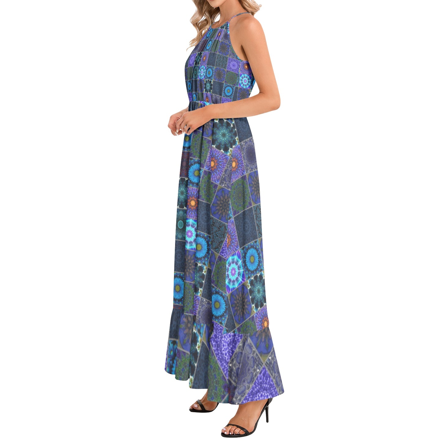 Blue Crazy Quilt Ruffle Hem Halter Neck Maxi Dress