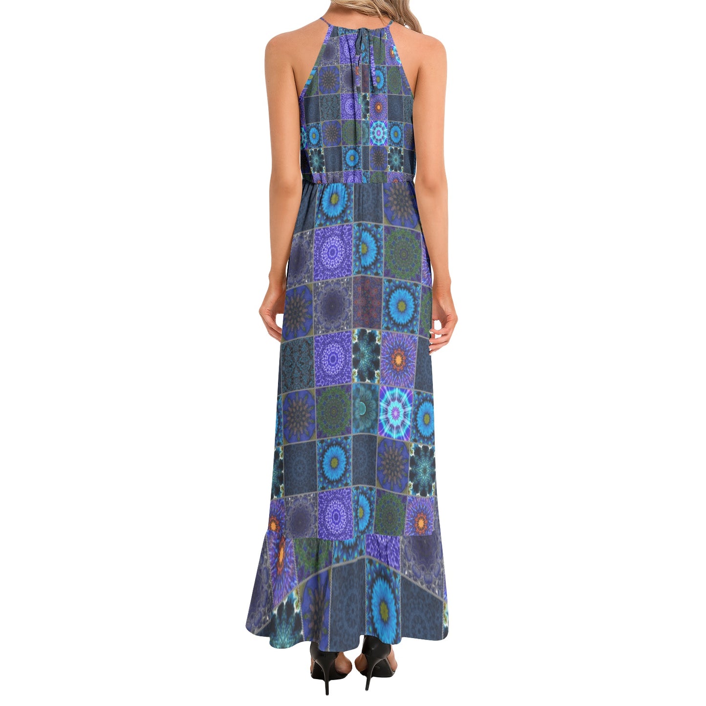 Blue Crazy Quilt Ruffle Hem Halter Neck Maxi Dress