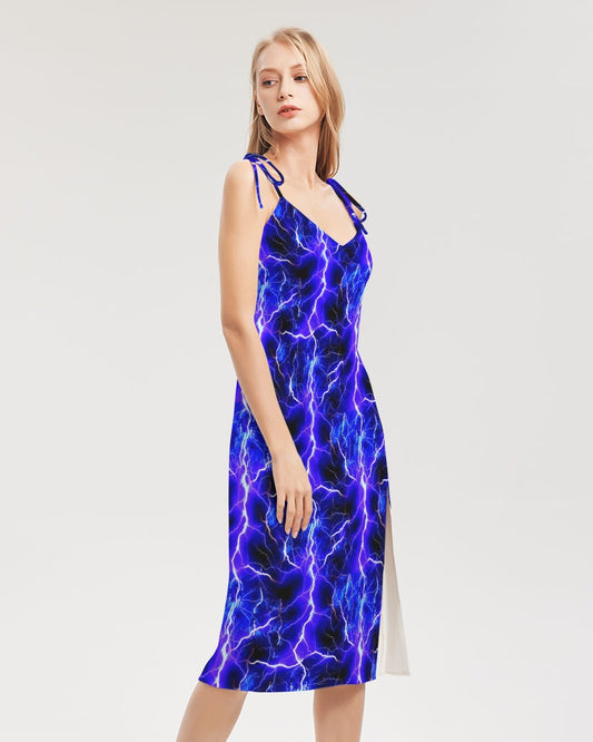 Blue Lightning Women's All-Over Print Tie Strap Split Dress