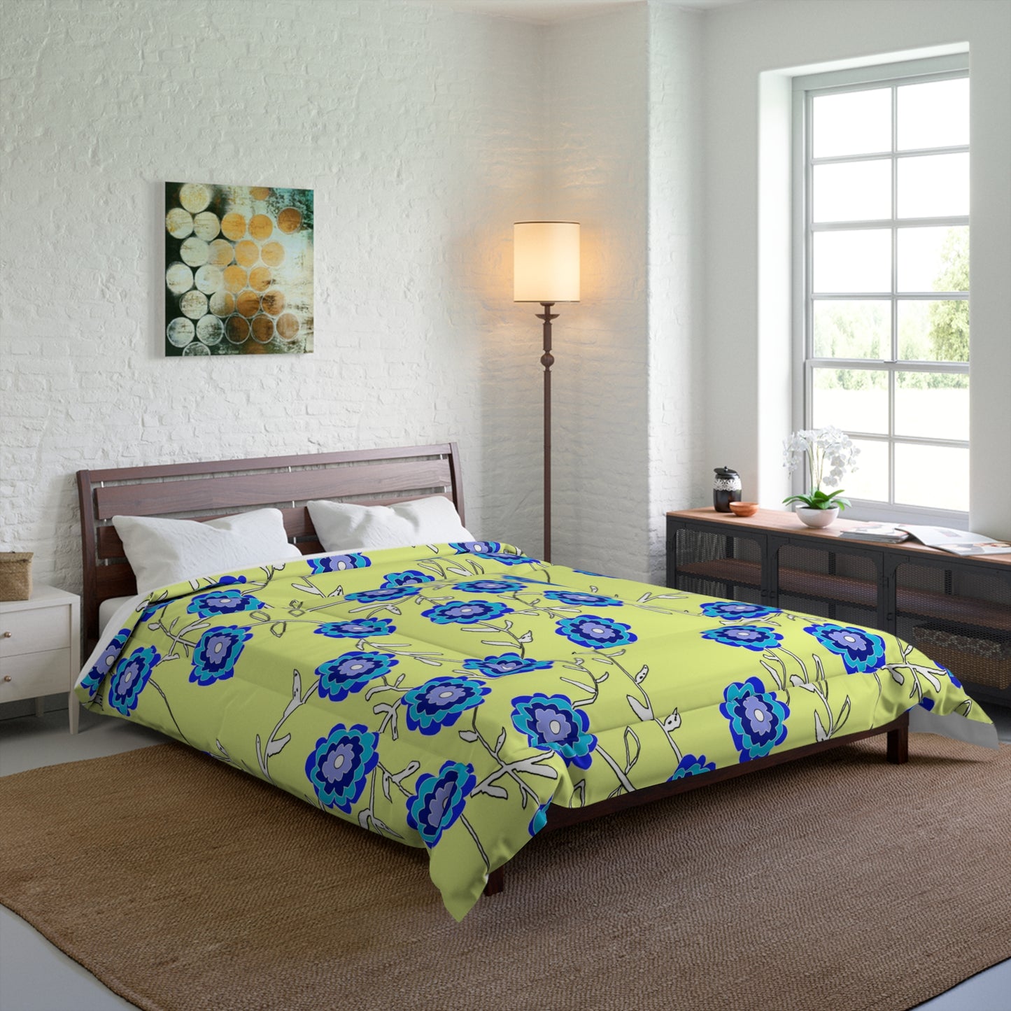 Blue Floral Comforter – Bright Lemon Yellow Background Cozy Bedspread